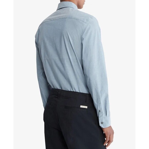 Calvin Klein Mens Button Up Shirt Slim-Fit Chambray Long-Sleeve Blue Size 2XL - Picture 2 of 2
